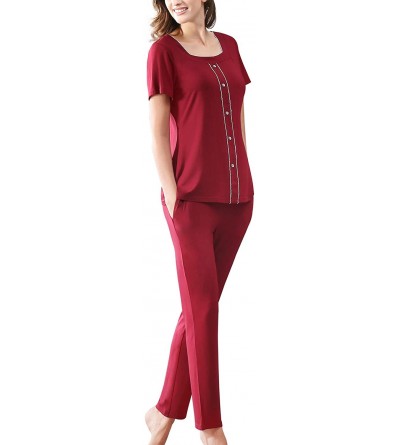 Sets Womens Pajamas Set Short Sleeve Sleepwear Tunic Top & Capri Pants Loungewear Pjs Sets - Wine Red (Bamboo Fiber) - C1193Y...