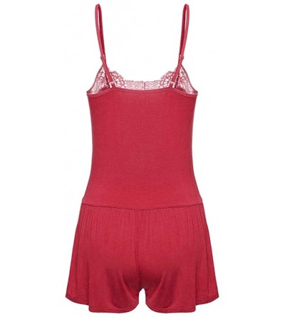 Sets Underwear Women-Summer Women Sleepwear Sleeveless Strap Nightwear Lace Trim Satin Cami Top Pajama Sets - Red_c02 - C418Q...