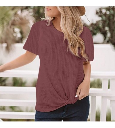 Thermal Underwear Fashion Women's Summer Blouse Short Sleeve Round Neck Cute Twist Knot Casual Waffle Knit Tops - M - C81967Y...