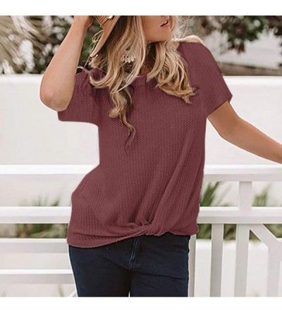 Thermal Underwear Fashion Women's Summer Blouse Short Sleeve Round Neck Cute Twist Knot Casual Waffle Knit Tops - M - C81967Y...
