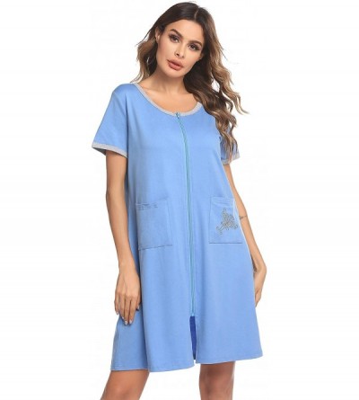 Robes Women Zipper Front House Coat Short Sleeves Robe Zip up Bathrobes Lace Nightgown with Pockets - A_sky Blue - CV19C9EMQQ...