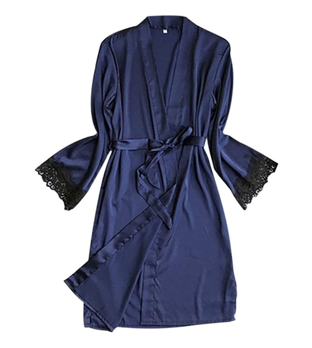 Robes Womens Faux Silk Open Front Kimono Bath Robe-Long Sleeve Nightgown Belted Waist Sleepwear - Zq - CP1986YAKKG $15.34