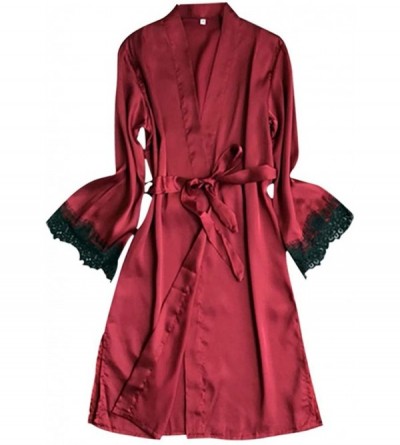 Robes Womens Faux Silk Open Front Kimono Bath Robe-Long Sleeve Nightgown Belted Waist Sleepwear - Zq - CP1986YAKKG $15.34