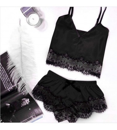 Nightgowns & Sleepshirts Ladies Sexy Pajamas-Temptation Satin Sling Sleepwear Lace Bowknot Nightdress Underwear - Black - C11...