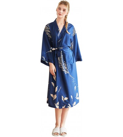 Robes Women's Printed Kimono Robes Long Silk Satin Sleepwear Dressing Gown - 14 Navy - CK197HINZC3 $21.95
