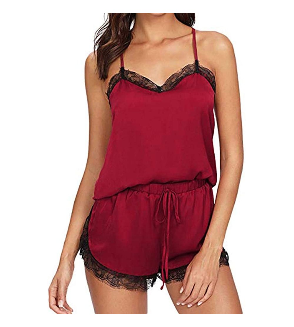 Sets Sexy Pajamas for Women Shorts Set Sleepwear Sleeveless Strap Nightwear Lace Trim Satin Cami Top - Wine Red - CL198H5TZYM...