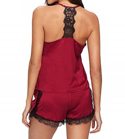 Sets Sexy Pajamas for Women Shorts Set Sleepwear Sleeveless Strap Nightwear Lace Trim Satin Cami Top - Wine Red - CL198H5TZYM...