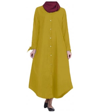 Robes Womens Muslim Islamic Button-Front Pure Color Solid Kaftan Dress - Yellow - C61907TQYSC $68.80
