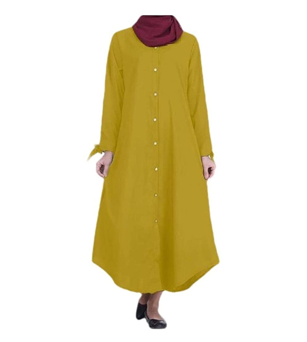 Robes Womens Muslim Islamic Button-Front Pure Color Solid Kaftan Dress - Yellow - C61907TQYSC $33.99