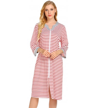 Nightgowns & Sleepshirts Women Robes Zipper Front Knee Length House Coat with Pockets Striped Loungewear - Red - CW18HMGMEIO ...