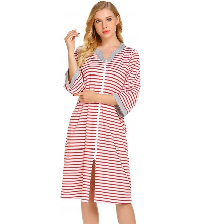 Nightgowns & Sleepshirts Women Robes Zipper Front Knee Length House Coat with Pockets Striped Loungewear - Red - CW18HMGMEIO ...
