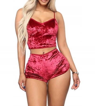 Sets Womens 2 Piece Short Sets Outfit Sexy Solid Velvet Spaghetti Strap Crop Top+Shorts Pajamas Sleep Lounge Wear Red - CF19C...