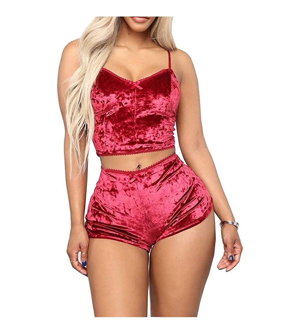 Sets Womens 2 Piece Short Sets Outfit Sexy Solid Velvet Spaghetti Strap Crop Top+Shorts Pajamas Sleep Lounge Wear Red - CF19C...