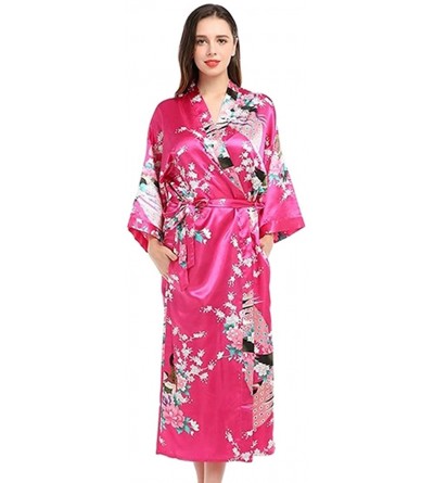 Robes Womens Satin Kimono Robes Peacock Printed Pattern Sleepwear Gown - Rose - C0197Y32UY3 $13.18