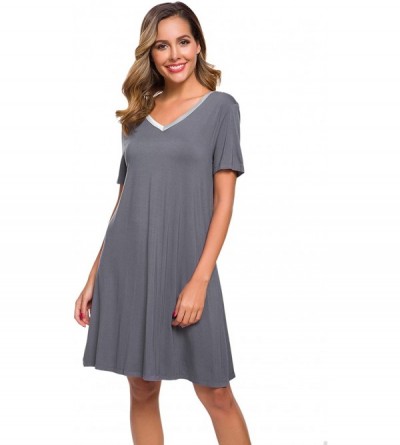 Nightgowns & Sleepshirts Women's Bamboo Nightgown Short Sleeve Nightshirt V Neck Nightdress - Red Gray - C118X94X9CS $16.27