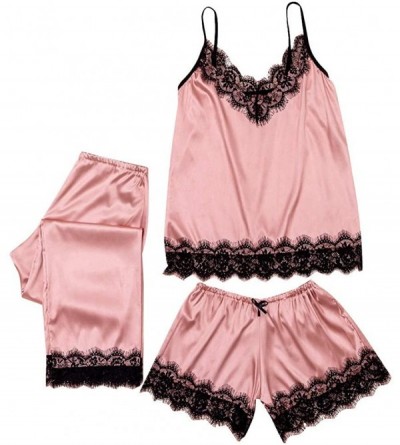 Sets 3pc Womens Exotic Chemises Negligees Camisole Shorts Set Sexy Cami Tops + Lace Bra + Satin Shorts Pajama Sets Q pink - C...