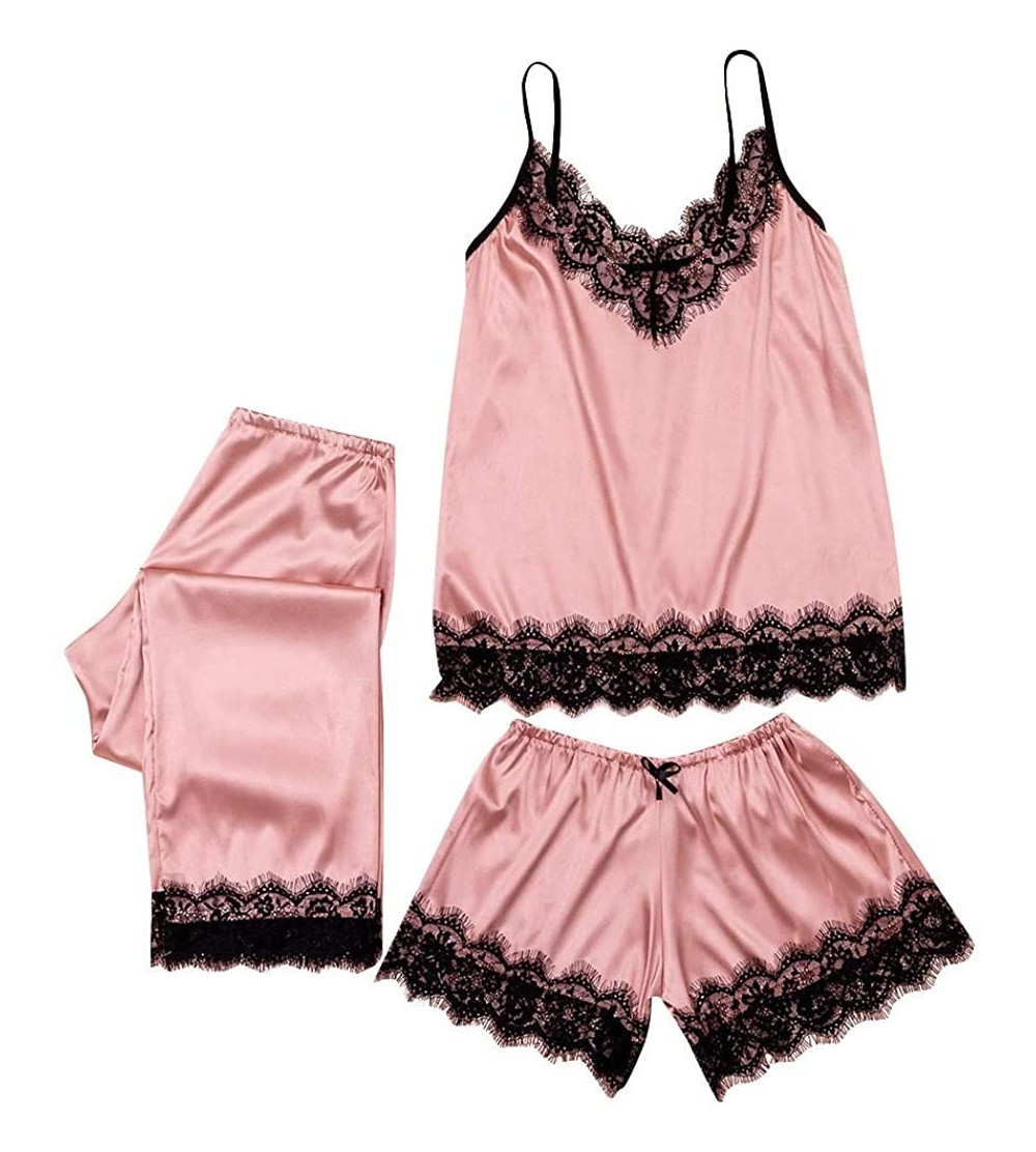 Sets 3pc Womens Exotic Chemises Negligees Camisole Shorts Set Sexy Cami Tops + Lace Bra + Satin Shorts Pajama Sets Q pink - C...