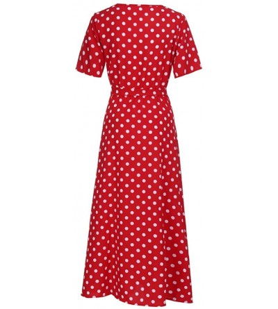 Nightgowns & Sleepshirts Fashion Women O-Neck Short Sleeve Summer Casual Beach Polka Dot Bandage Long Maxi Dress - Red - C018...