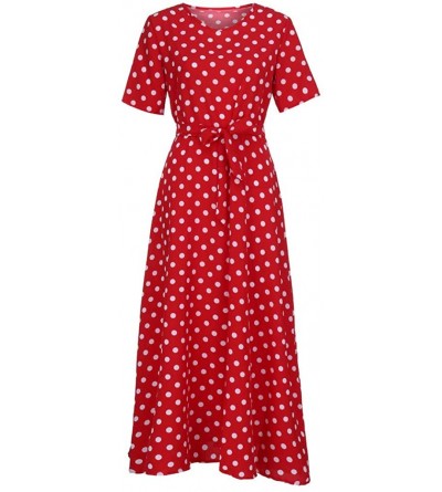 Nightgowns & Sleepshirts Fashion Women O-Neck Short Sleeve Summer Casual Beach Polka Dot Bandage Long Maxi Dress - Red - C018...
