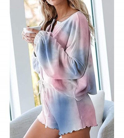 Sets Womens Tie Dye Shorts Pajama Set Printed Ruffle Long Sleeve Tops Sleepwear Loungewear Nightwear Pjs - Blue - CO199G9Z55S...