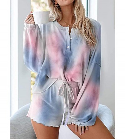 Sets Womens Tie Dye Shorts Pajama Set Printed Ruffle Long Sleeve Tops Sleepwear Loungewear Nightwear Pjs - Blue - CO199G9Z55S...