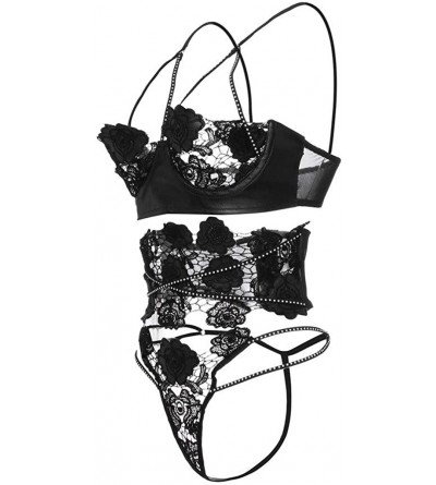 Accessories Womens Lace Bra Quarter Cup Underwired Sexy Three Set Lingerie Underwear - Black - CO18NZD5OEG $12.65