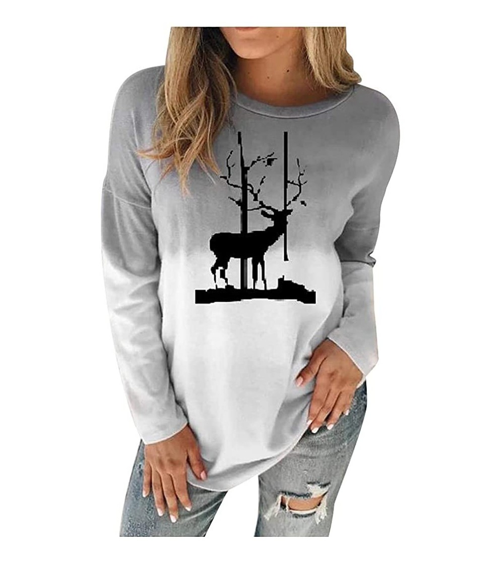 Bustiers & Corsets Womens Plus Size Christmas Elk Print Long Sleeve Crewneck Sweatshirt Gradient Pullover Tops - Gray - C6192...