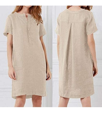 Thermal Underwear Womens Summer Short Sleeve Linen Dress Loose A-line Party Sundress Button Dress - Khaki - C618SDKZ3YA $16.80
