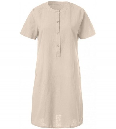Thermal Underwear Womens Summer Short Sleeve Linen Dress Loose A-line Party Sundress Button Dress - Khaki - C618SDKZ3YA $16.80