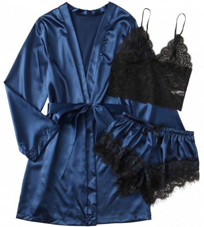 Sets Women's Sleepwear Floral Lace Trim Satin Cami Pajama Set with Robe - Blue - CE19CDIL98R $23.79