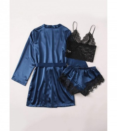 Sets Women's Sleepwear Floral Lace Trim Satin Cami Pajama Set with Robe - Blue - CE19CDIL98R $23.79