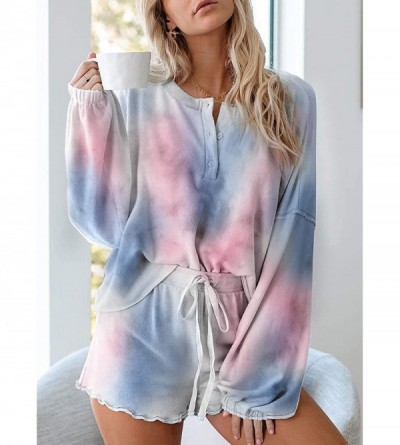 Sets Women's Shorts Pajama Set Long Sleeve Tops Sleepwear Nightwear Loungewear Pjs Blue - CJ19CAXYDMQ $34.95