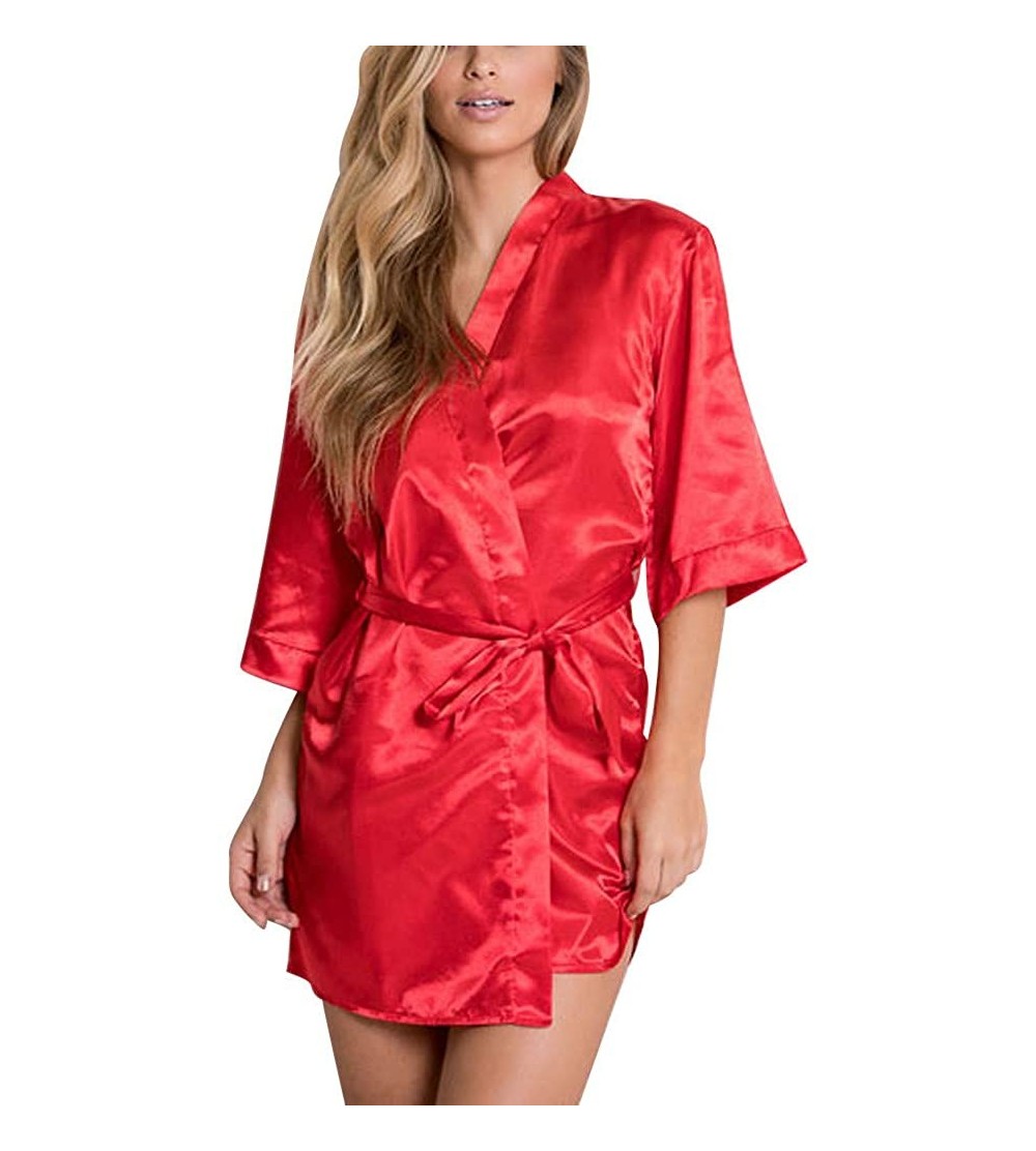 Robes Womens Short Robe Knee Length Lightweight Soft Satin Kimono Bathrobe for Wedding Bridal Party with Oblique V Neck Red -...