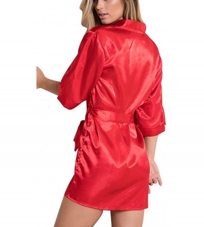 Robes Womens Short Robe Knee Length Lightweight Soft Satin Kimono Bathrobe for Wedding Bridal Party with Oblique V Neck Red -...