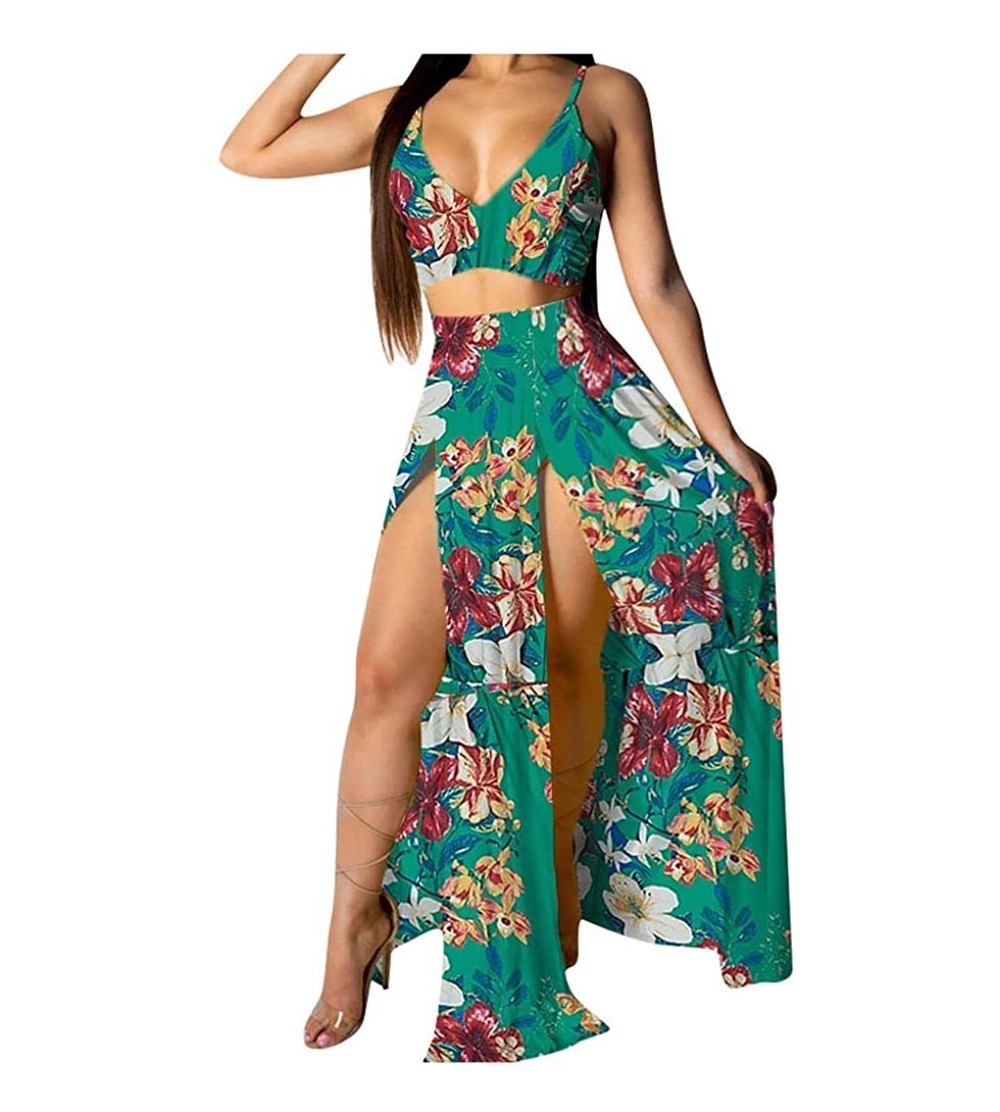 Thermal Underwear Women Sexy Floral Print Summer Chiffon Sleeveless Crop Tops Maxi Skirt - Green - C9196SIWT7W $28.12