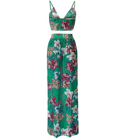 Thermal Underwear Women Sexy Floral Print Summer Chiffon Sleeveless Crop Tops Maxi Skirt - Green - C9196SIWT7W $28.12