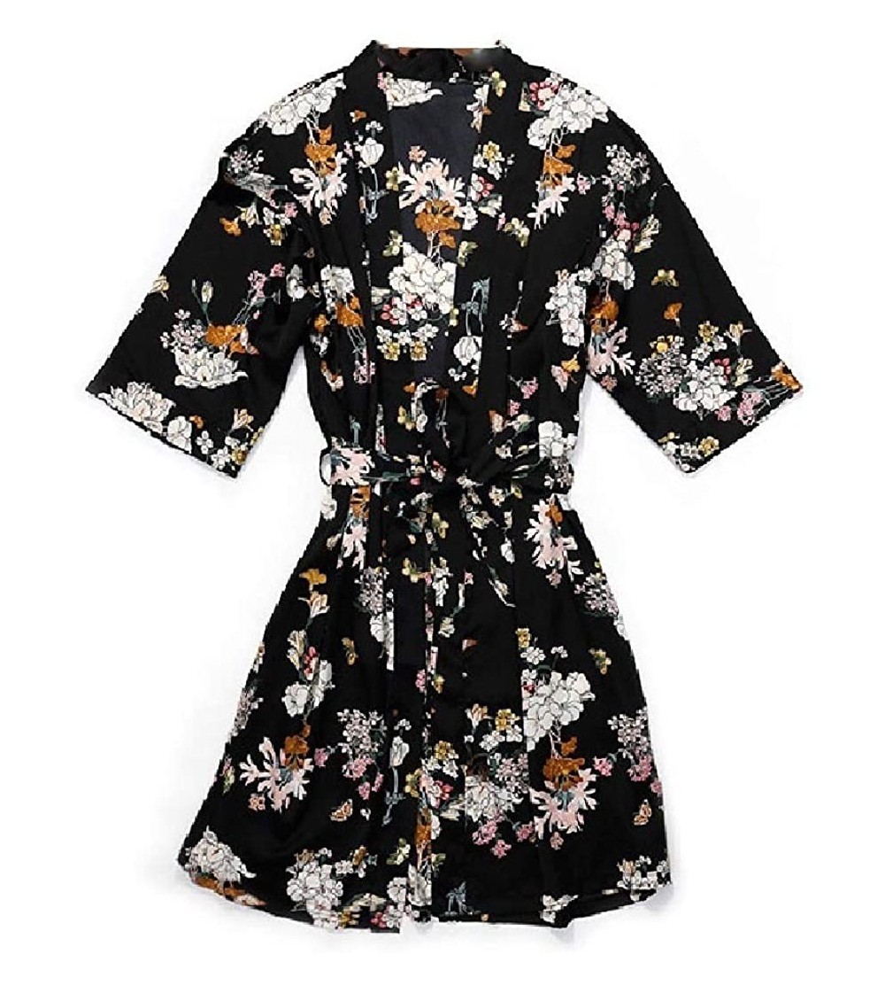 Robes Women Everyday Terry Robe Casual Leisure Print Lounger Sleep Dress - Black - CG19E7L2SZ6 $23.42