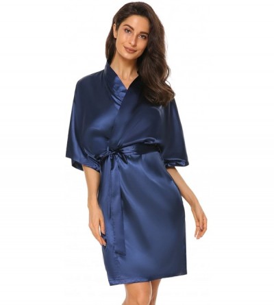 Robes Women Kimono Robe Short Satin Pure Color Sleepwear with Oblique V-Neck - Dark Blue - CI18DCA32Y3 $13.53