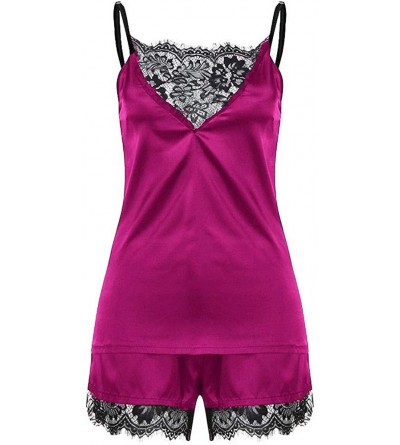 Sets Women 2Pcs Pajamas Set Satin Silk Sleepwear Lace V Neck Lingerie Strap Cami Shorts Nightwear Lingerie - Hot Pink - C0196...