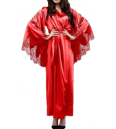 Robes Women's Satin Robes Pure Color Long Kimono Bathrobes Soft Nightgown with Lace Sleeve - Red 01 - CL18YKMY3I8 $13.11