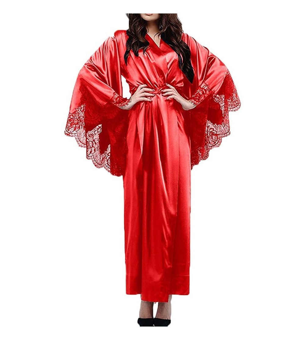 Robes Women's Satin Robes Pure Color Long Kimono Bathrobes Soft Nightgown with Lace Sleeve - Red 01 - CL18YKMY3I8 $13.11