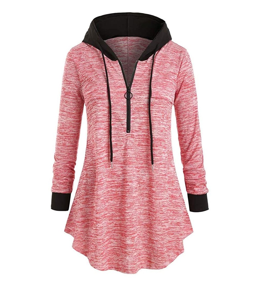 Tops Women Casual Plus Size Space Dyeing Long Sleeve Hooded Tunic Tops T Shirt Blouse - Pink - CO19265SHQX $20.88