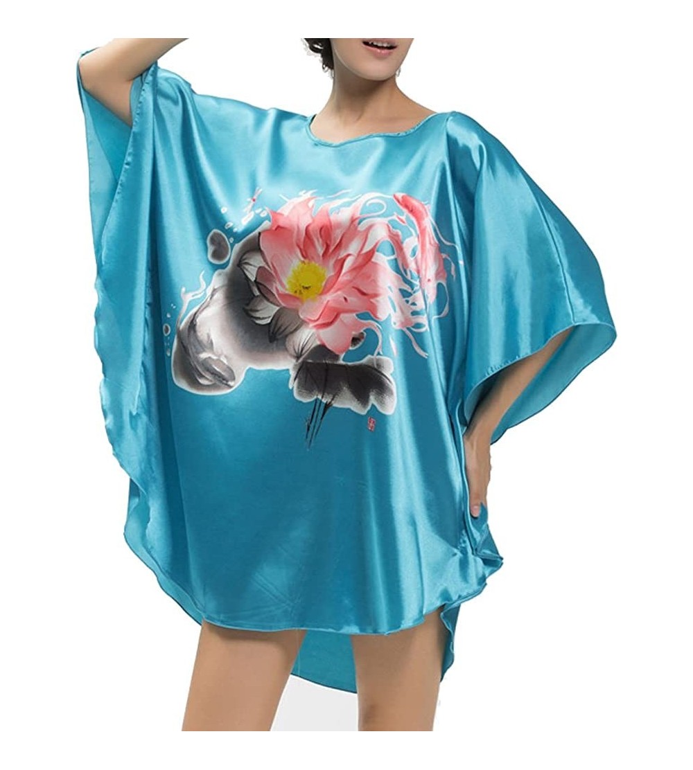 Tops Women's Round Neck Short Sleeve Loose Batwing Sleepwear Dress - Lake Blue - C7123GIIGBT $28.73