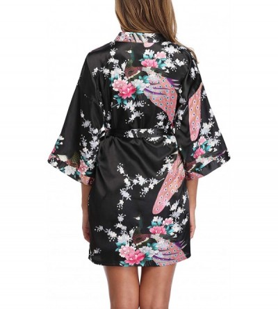 Robes Women's Short Floral Kimono Robe Peacock and Blossom Bathrobe for Wedding Party - Black - CQ18LH43EYM $9.15