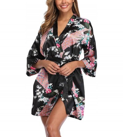 Robes Women's Short Floral Kimono Robe Peacock and Blossom Bathrobe for Wedding Party - Black - CQ18LH43EYM $9.15