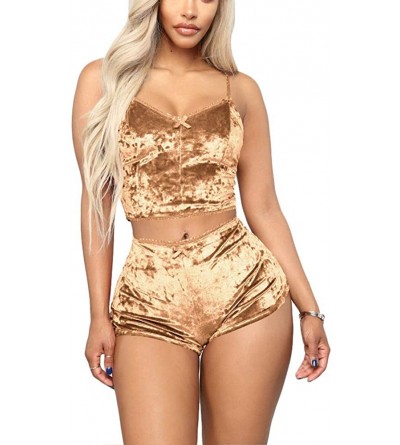 Sets Womens Velvet 2 Pieces Outfit Romper Spaghetti Strap Crop Top Camisole and Shorts Bottom Sleepwear Pajama Set Gold - CT1...