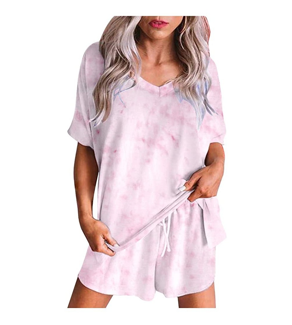 Sets Women's Tie-dye Print Blouse T-Shirt Shorts Pajama Set V-Neck Leisure Lounge Wear Short Sleeve Tops+Pants - Pink - CY190...