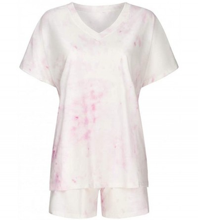 Sets Women's Tie-dye Print Blouse T-Shirt Shorts Pajama Set V-Neck Leisure Lounge Wear Short Sleeve Tops+Pants - Pink - CY190...