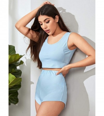 Sets Women's Sleepwear Set Tie Dye Tank Top and Elastic Waist Short Pajama Set - Light Blue - CI190OC7U6N $16.40