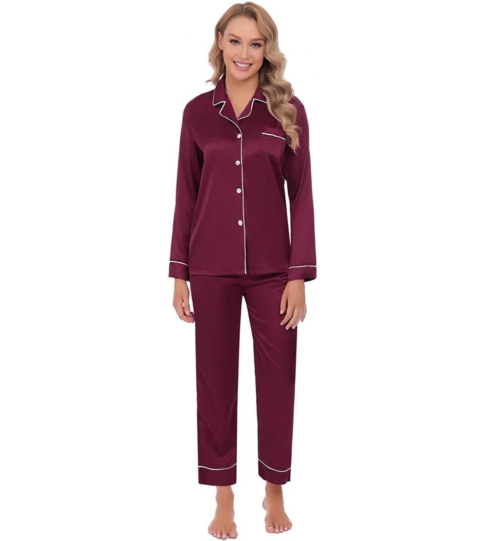 Sets Women's Satin Pajamas Sets Long Sleeve Button Down Top & Bottoms - Wine Red - CN1904NSQY3 $21.20